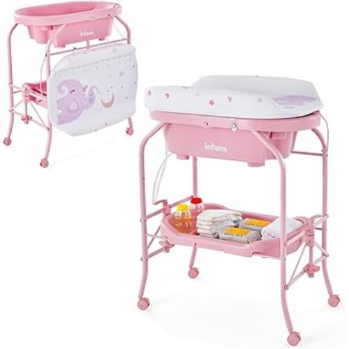 INFANS 2 in 1 Baby Changing Table with Bath Tub Unit, Folding Diaper Dresser Station with Wheels Waterproof Pad Storage Rack, Portable Nursery Organizer Stand for Newborn Infant
