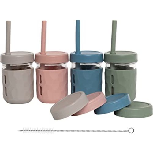 WeeSprout Glass Cups With Lids & Straws, Spill-resistant Cups for Toddlers & Kids, Triple as Toddler Cups, Baby Food Storage & Snack Jars, XL Silicone Straws, Easy-grip Sleeves, Set of four 8 oz jars