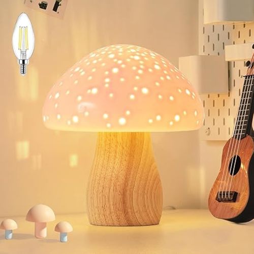 BOHON Mushroom Lamp, Ceramic Bedside Table Lamp for Bedroom Nightstand, Vintage Cute Night Light, Small Lamp for Living Room Kids Desk Home Decor Girls, LED Bulb Included, Pink
