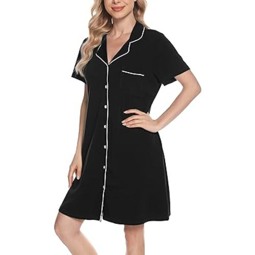 Vlazom Women's Nightgowns Short Sleeve Sleep Shirts Nightshirt V Neck Button Down Pajama Sleepwear S-XXL
