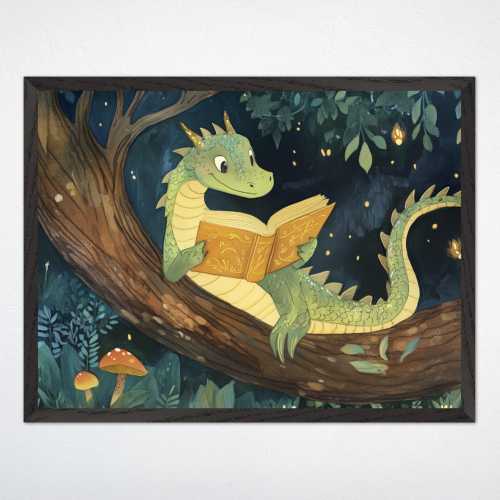Forest Dragon Wall Art, Whimsical Reading Dragon Canvas, Kids Nursery Framed Decor, Magical Woodland Fantasy Poster