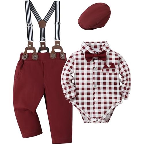 YALLET Baby Boy Clothes Set Infant Tuxedo Long Sleeve Gentleman Suit Outfits + Beret Hat + Suspender Pants + Bowtie 0-18M