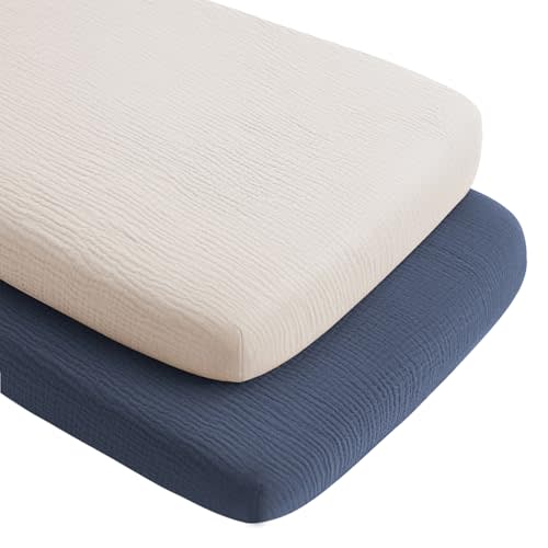 Konssy 2 Pack Muslin Bassinet Sheets 33" x 21", 100% Cotton Soft Bedside Sleeper Bassinet Sheets, Compatible with Baby Delight, Dream On Me, AMKE and Other Rectangle Mattress (Navy,Cream)