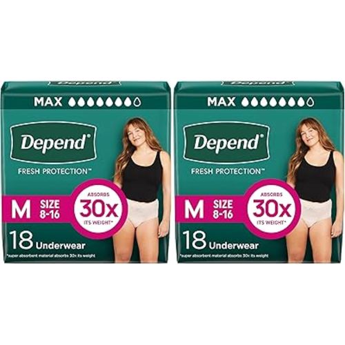 Depend Fresh Protection Adult Diapers, Incontinence & Postpartum Bladder Leak Underwear for Women, Disposable, Maximum, Medium, Blush, Packaging May Vary, 18 Count (Pack of 2)
