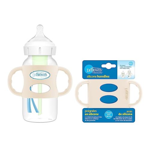 Dr. Brown's Milestones 100% Silicone Baby Bottle Handles, Wide-Neck, Removable Easy-Grip Transitional Sippy Cup Handles, Ecru, 4m+, 1 Pack