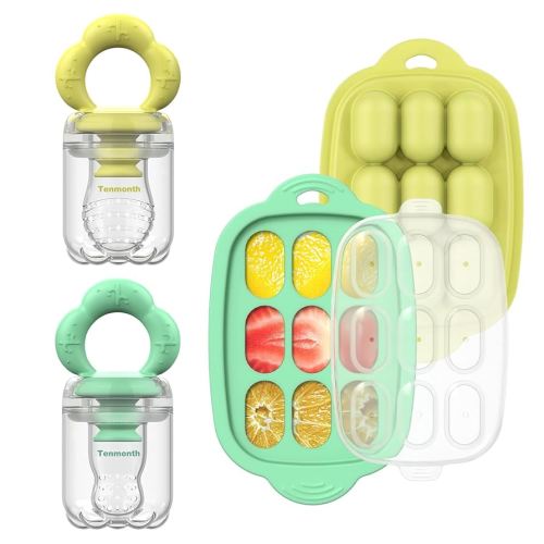 Baby Fruit Food Feeder Breastmilk Popsicle Molds with Freezer Tray, Tenmonth Silicone Baby Feeder for Safe Infant Self Feeding and Teething Relief 2 Pack, BPA Free