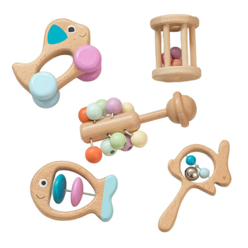 Montessori Wooden Rattle Toy Set for Infant Baby Boys Girls 0-6 Months, Montessori Baby Toys 6-12 Months, Toddler Development Toys, Baby Sensory Toy Set of 5, Baby Shower Gifts