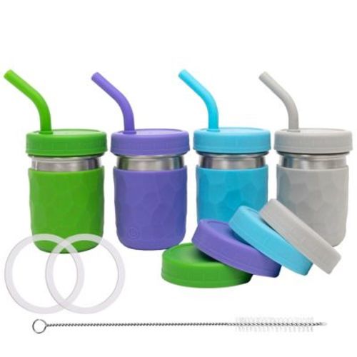 Weesprout 2-in-1 Drinking Cups For Kids, Durable Stainless Steel Tumblers - 12 Oz, Set Of 4 (matte Green, Off White, Blue And Dark Gray)