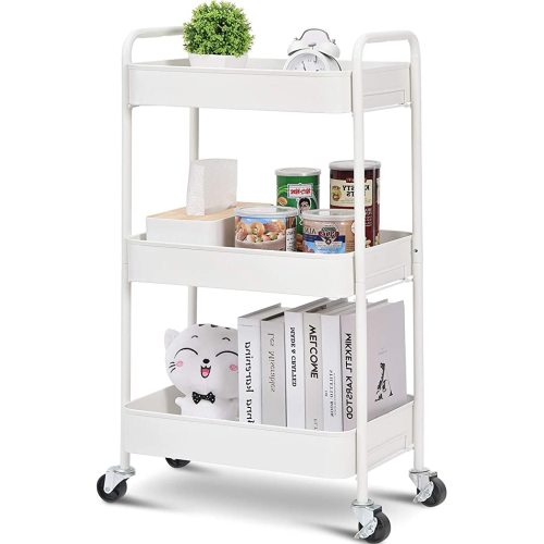 TOOLF 3-Tier Rolling Cart, Metal Utility Cart with Lockable Wheels, Storage Craft Art Cart Trolley Organizer Serving Cart Easy Assembly for Office, Bathroom, Kitchen, Kids' Room, Classroom (White)