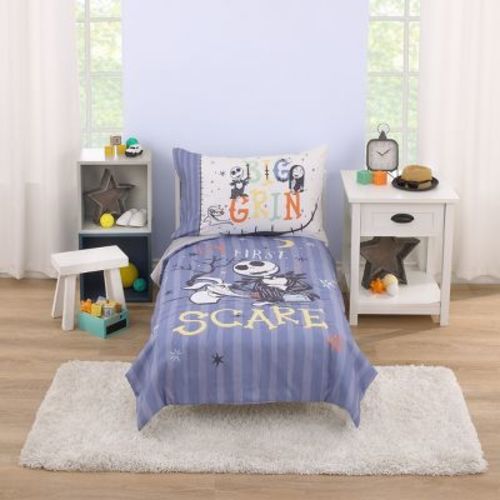 Disney Nightmare Before Christmas My First Scare Blue And Gray Jack Skellington And Zero The Ghost Dog 4 Piece Toddler Bed Set