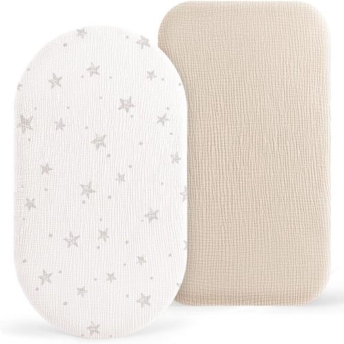 Bearmoss Bassinet Sheets - 2 Pack Muslin Cotton Bassinet Sheets Fits Oval and Rectangle Bassinet Mattress, Breathable and Skin-Friendly for Baby Boy and Girl (Pale Grey&Sand Beige)