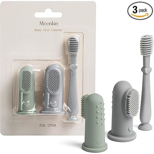 Moonkie Baby Finger Toothbrush Tongue Oral Cleaner Kit for 3 Months +, 3 Pcs (Blue/Mint/Blue)