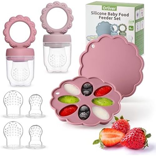Silicone Baby Fruit Food Feeder Breastmilk Popsicle Molds Set, Baby Food Freezer Tray for Cooling Teething Relief, Baby Food Feeder for Safe Infant Self Feeding, Includes 6 Extra Food Pacifier
