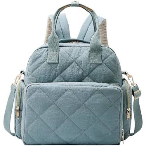 Tristan Home Quilted Diaper Bag Backpack, Multi-Pocket Design with Shoulder Strap (Muted Blue)