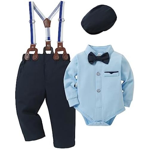 Baby Boy Clothes Suits 0-24M Infant Gentleman Outfit Long Sleeve Dress Shirt+Suspender Pants+Bowtie+Beret Wedding Set