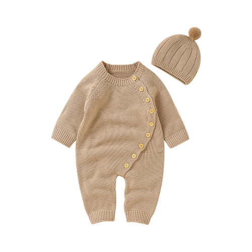 Canrulo Newborn Baby Boy Girl Long Sleeve Solid Knitted Sweater Romper Knit Button Jumpsuit with Hat Fall Winter Clothes Khaki 0-3 Months