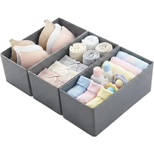 Small Foldable Fabric Drawer Organizer 3-Pack - 11" Breathable Closet & Dresser Storage Bins for Underwear, Socks, Baby Clothes & Bras, Grey