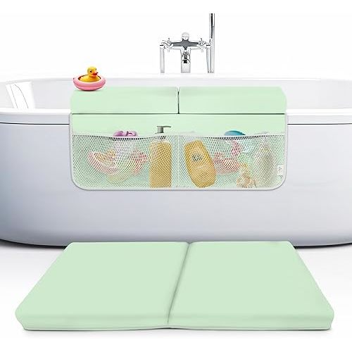 Bath Kneeler and Elbow Rest Pad Set, 2-Inch Thick, Memory Foam, Water-Resistant Mat – Baby Bath Time Essentials Cushion and Bath Kneeling Pad for Bathing Baby with Bathtub Toy Organizer (Mint Green)