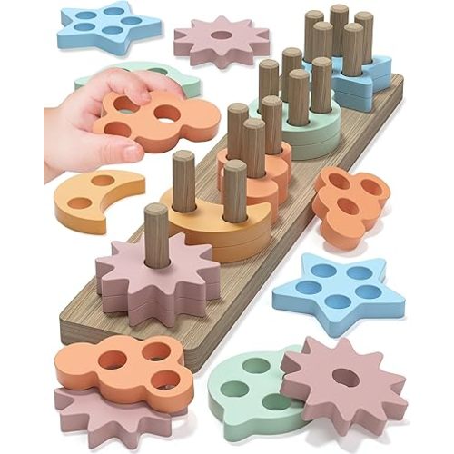 Montessori Toys for 1 2 3 Year Old Boy Girl, Star Shaped Toys for Ages 2-4 Toddlers Kids Baby, 1 2 Year Old Boy Girl Birthday Gifts, Wooden Learning Puzzles Shape Sorter Toys for Toddlers
