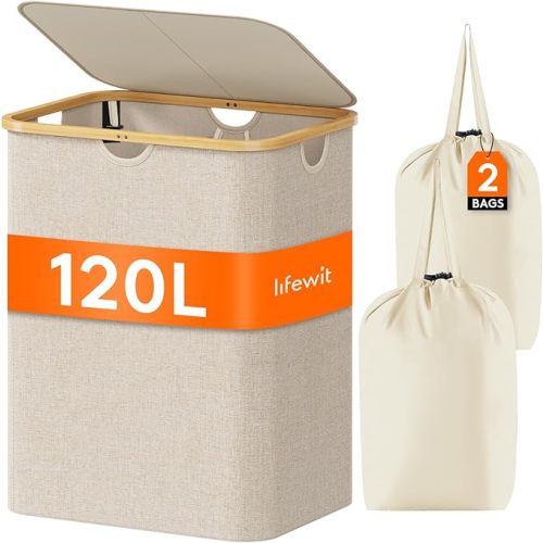 Lifewit 100L Laundry Basket with Lid, Clothes Hampers for Laundry with Bamboo Handles and 1 Removable Bag, Large Foldable Laundry Hamper for Bedroom, Bathroom, Dorm, Laundry Room, Beige