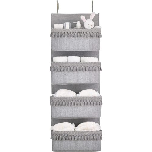 Dahey Over The Door Organizer Boho Nursery Storage Decor Closet Hanging Organizer with Tassels Decoration for Bedroom Nursery Bathroom Apartments Dorm Pantry, 4 Pockets, Grey