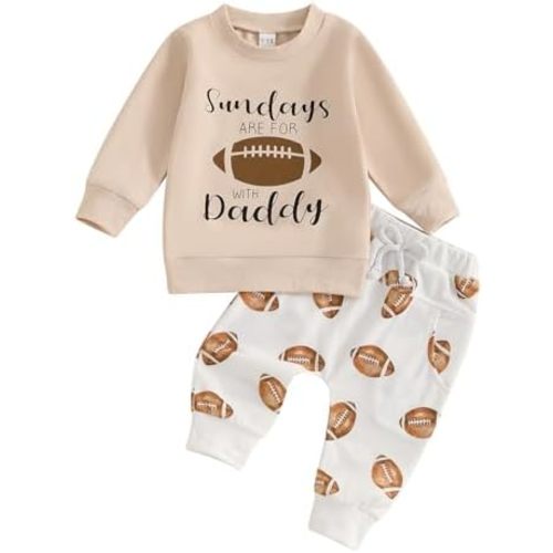 Lamuusaa Toddler Baby Boy Football Outfit Game Day Embroidery Sweatshirt Football Long Pants Fall Clothes 0-3T