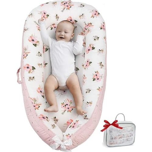 Baby Lounger Cover Portable Newborn Lounger Seat Cover, Reversible Infant Nest, Durable and Machine Washable, Adjustable Lounger for Babies(Pink Flower)