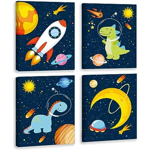 KAIRNE Outer Space Dinosaur Room Decor,Solar System Stars Wall Canvas Poster,Set Of 4 (12X16inch,framed) Planet Astronaut Art Print,Rocket Decor for Boys Room Toddler Kids Room Classroom Space Decor