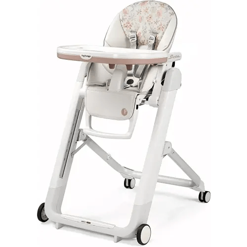 Peg Perego Siesta, Grow with Baby Folding High Chair & Recliner, Height Adjustable, Quick Clean & Easy Push Wheels for Babies & Toddlers, Made in Italy, Aquarelle (White)