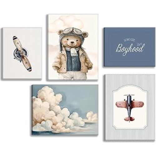 Vintage Baby Boy Nursery Wall Art Retro Airplane Travel Kids Room Canvas Wall Decor Teddy Bear Pictures Navy Blue Aviation Posters Cloudy Sky Painting Print Artwork for Boy Room Playroom, Framed
