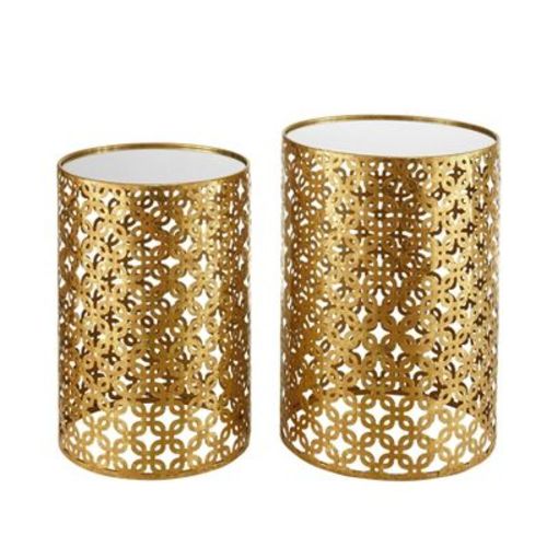 Linon Set of 2 Boho Round Nested Metal Tables Set of Two with Pierced Metal Design and Mirror Top Gold: Elegant Accent Furniture, Glass Surface
