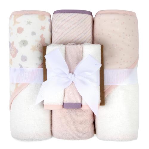 Baby Essentials 6 Piece Printed Hooded Bath Towel and Washcloth Set for Infant, Newborns and Toddlers 3 – 24 Months for Bath Time, Showers, Lounge, Beach and Pool in Mermaids & Waves