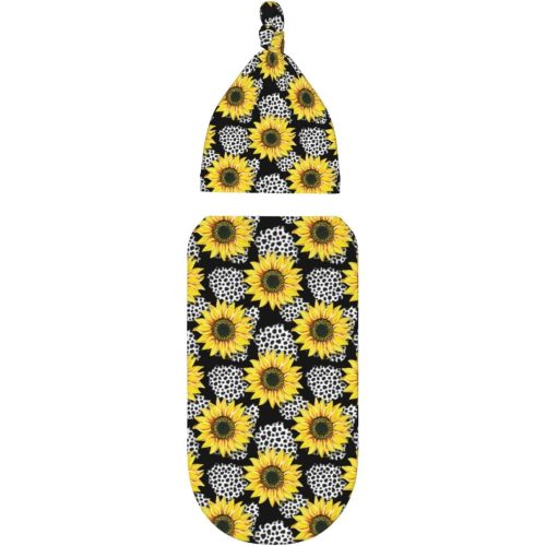 Sunflowers Abstract Leopard Black and White Newborn Swaddle Blankets Hat Sets Receiving Blanket Gifts for Infant Baby Boy Girl (0-6 Months)