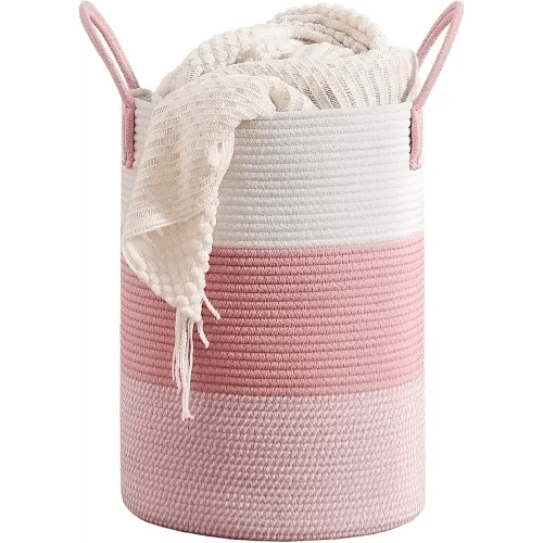 CLHMILY&Z 40L Laundry Basket Round Storage Rope Basket - 13x18 Inches - Pink Hamper in Bedreoom and Cute Storage Bin for Blankets, Toys, and Nursery Essentials