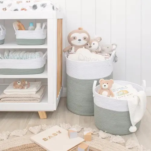 Living Textiles Cotton Rope Medium Hamper Sage/White | Baby Bunting AU