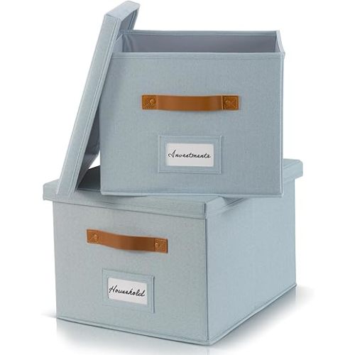 ZICOTO Decorative File Organizer Box Set of 2 - Collapsible Linen Filing Cabinets w/Handles Are Perfect to Store all Your Documents & Hanging File Folders - Portable Easy Slide Crates with Lid
