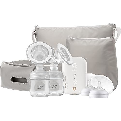 Philips AVENT Double Electric Breast Pump Advanced, with Natural Motion Technology, with Clear Natural Response Baby Bottles, White Pump, Gray Bag, Pouch, and Belt, SCF394/62