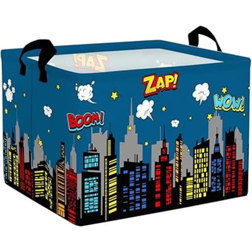 Clastyle 36L Large City Skyline Blue Book Shelf Basket Hero Comic Zap Wow Boom Gift Basket for Kids Room Nursery Rectangle Building Silhouettes Toy Clothes Storage Bin