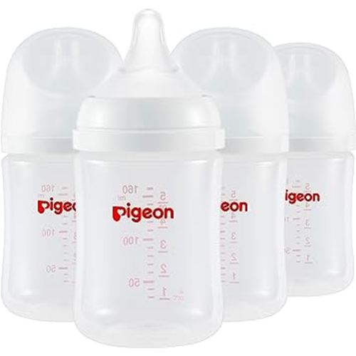Pigeon PP Nursing Bottle Wide Neck, Anti-Colic, Streamlined Body, Natural Feel, Easy to Clean, 5.4 Oz (Pack of 4), Includes 4pcs SS Nipples (0m+)