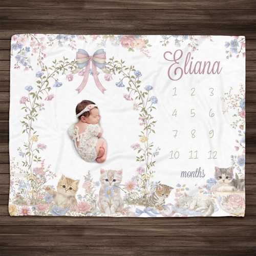 Personalized Kitty Cat Baby Milestone Blanket: Watercolor Foliage