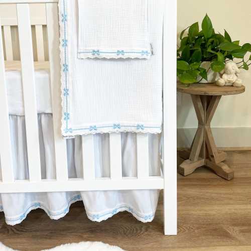 Baby Bedding Set { White & Blue Bows } Cotton Swaddle / Crib Blanket, Crib Skirt, Name Pillow, Burp Cloth