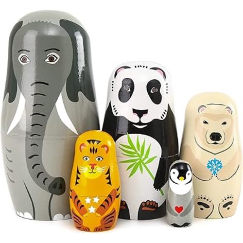 Moonmo 5pcs Handmade Wooden Animal Nesting Dolls - Elephant & Panda, Traditional Russian Matryoshka Gift