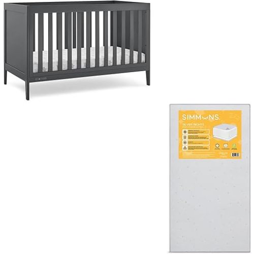 Delta Children Hayes 4-in-1 Convertible Crib, Charcoal Grey + Simmons Kids Silver Nights Dual Sided 2-Stage Baby Crib Mattress (Bundle)