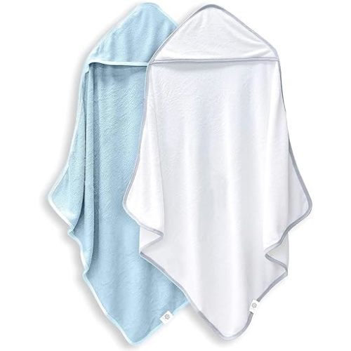 2 Pack Baby Bath Towel - Rayon Made from Bamboo, Ultra Soft Hooded Towels for Babies,Toddler,Infant - Newborn Essential -Perfect Baby Registry Gifts for Boy Girl - Blue and White