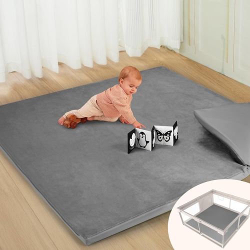 Baby Play Mat, Leather & Velvet Mat with Baby Book, Double-Sided/Reversible, 50x50 Playpen Mat, 1.3" Thick Non-Toxic Cushioned, Waterproof Soft Crawling for Infants and Toddlers, Grey