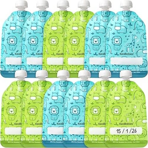 12-Pack Reusable Baby Food Pouches Refillable – 5oz Reusable Pouches for Toddlers, Kids Squeezable Yogurt, Apple Sauce, Fruit Smoothie, Baby Puree Container, Homemade Baby Food Essentials (Little Zoo)