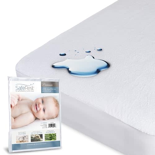 SafeRest Waterproof Crib Size Mattress Protector - Fitted with Stretchable Pockets - Machine Washable Cotton Mattress Cover for Bed