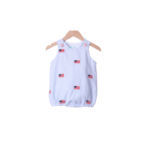 Embroidered American Flag Blue Seersucker Bubble