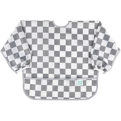 Bumkins Sleeved Bib for Girl or Boy, Baby and Toddler for 6-24 Mos, Essential Must Have for Eating, Feeding, Baby-Led Weaning Supplies, Long Sleeve Mess Saving Food Catcher, Fabric, Charcoal Check