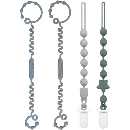 Babygoal Silicone Pacifier Clips 4 Pack,2pcs Pacifier Holder Clip with 2pcs Toy Strap Chain for Baby Boy Girl Fits All Pacifier,Binky,Teething Toys,Highchairs,Car Seat,Strollers-Neutral Color